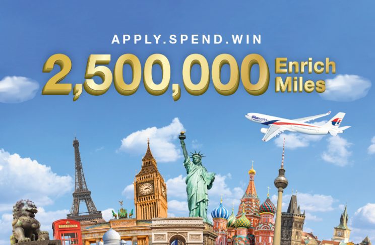 Malaysia Airlines plane flying over famous tourist attractions under a blue sky backdrop with ‘Apply.Spend.Win and 2,500,000 Enrich Miles’ written over the image