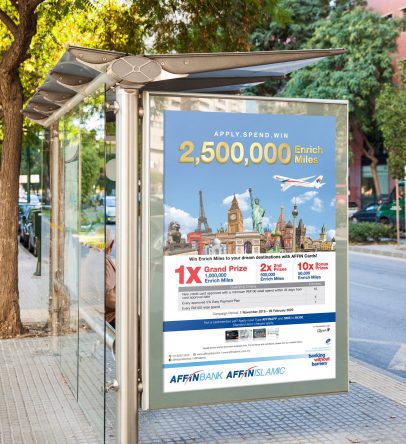 Bus stop ad portraying Affin Bank’s Smile for Miles print ad