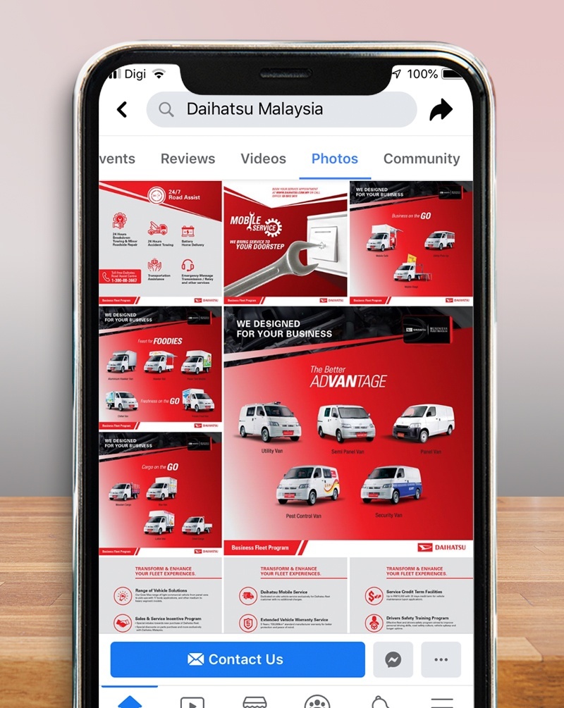 Smartphone screen showing information about Daihatsu’s Business Fleet Program with images of various Daihatsu vehicles