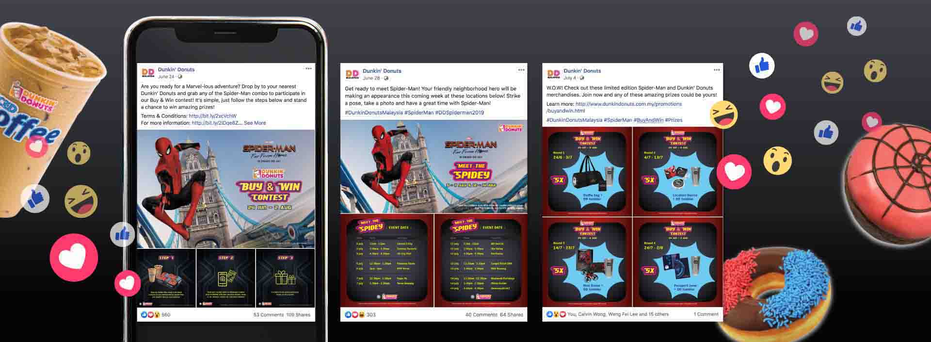 Social media posts showing promotional advertisement of MEET THE SPIDEY by Dunkin’ Donuts with Facebook react buttons and Dunkin’ Donuts products surrounding it