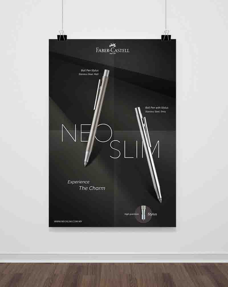 Faber-Castell poster showing slanting silver Neo Slim Pen with black background