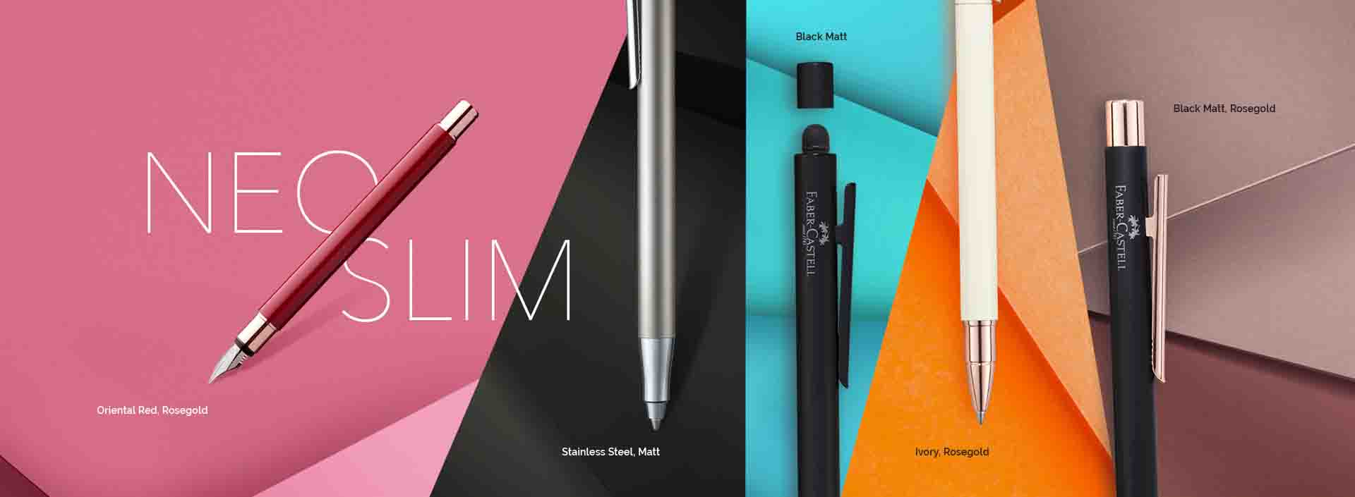 NEO SLIM pens portrayed in various colours and different cap types