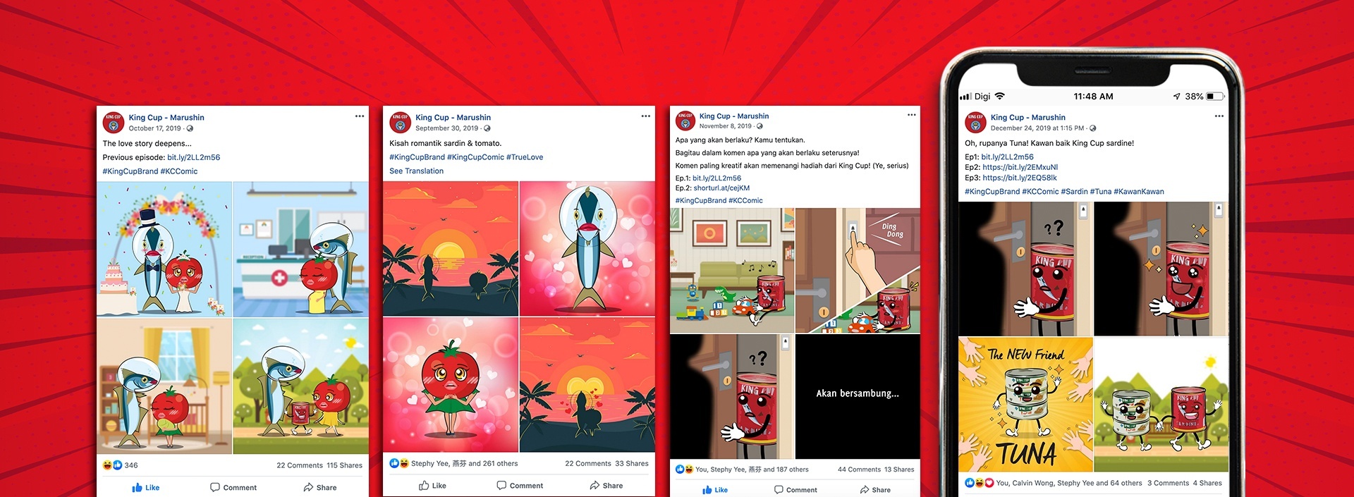 King Cup social media ads portraying food-themed animated characters and a smartphone screen showing one of the ad