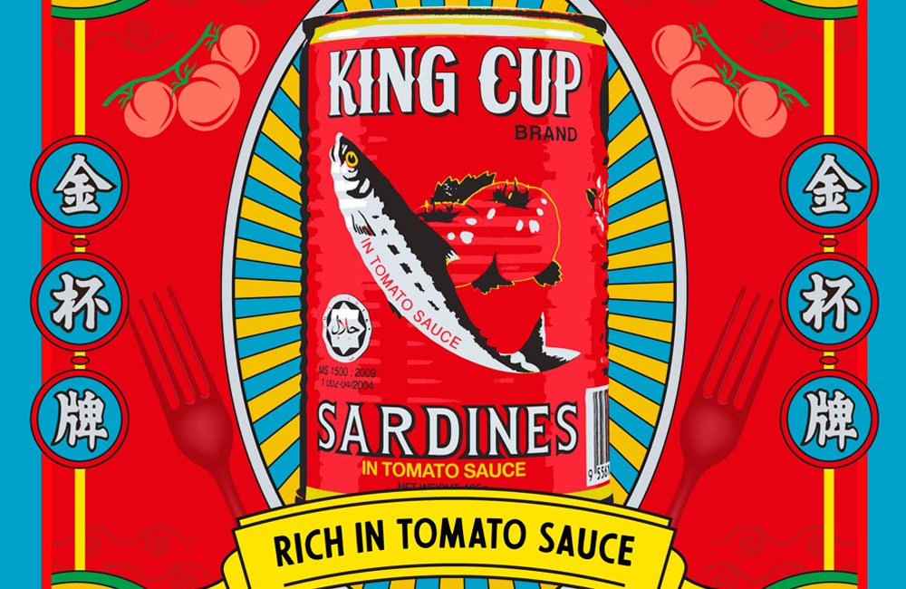 Image showing red King Cup Sardines can with ‘rich in tomato sauce written on it and the background is also red with Chinese characters on it