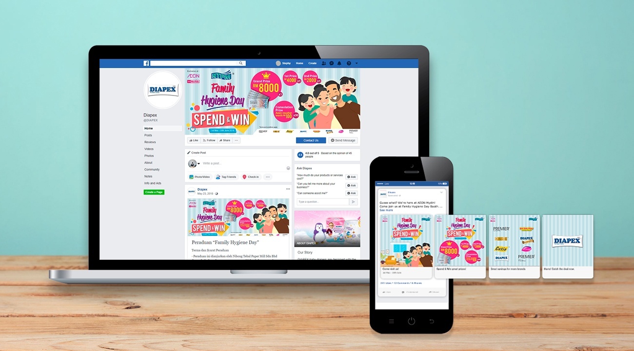 Laptop and smartphone showing Facebook page of Diapex Malaysia containing Family Hygiene Day Spend & Win campaign pictures