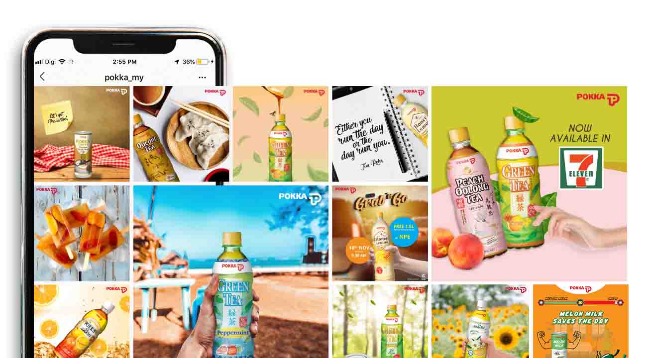 Smartphone screen showing promotional social media posts containing Pokka Green Tea bottles with various marketing messages