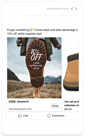 Instagram ad showing the sole of a boot with 10% off written on it where a man is wearing lifting his boot to show the sole