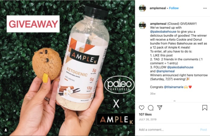 An Instagram post is showing a pair of hands is holding a piece of cookie and a bottle of meal replacement drink with the GIVEAWAY written on the top left corner of the image