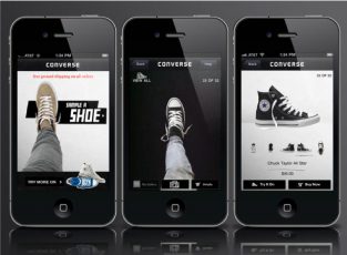 3 black Iphones are showing Converse’s VR app on its screens